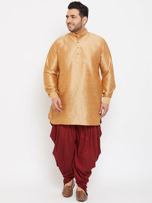Vastramay Men's Plus Size Rose Gold Silk Blend Curved Kurta Dhoti Set